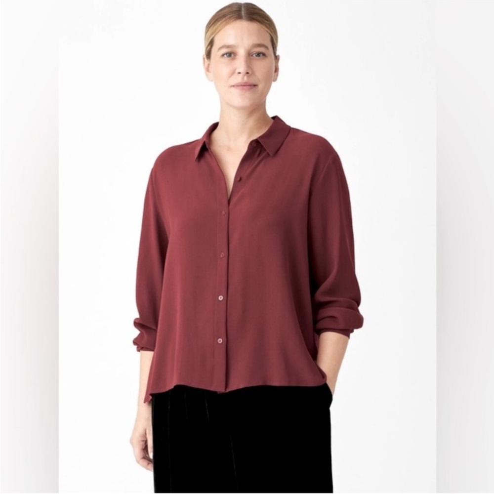 NWT Eileen Fisher Silk Georgette Crepe Classic Collar Shirt
